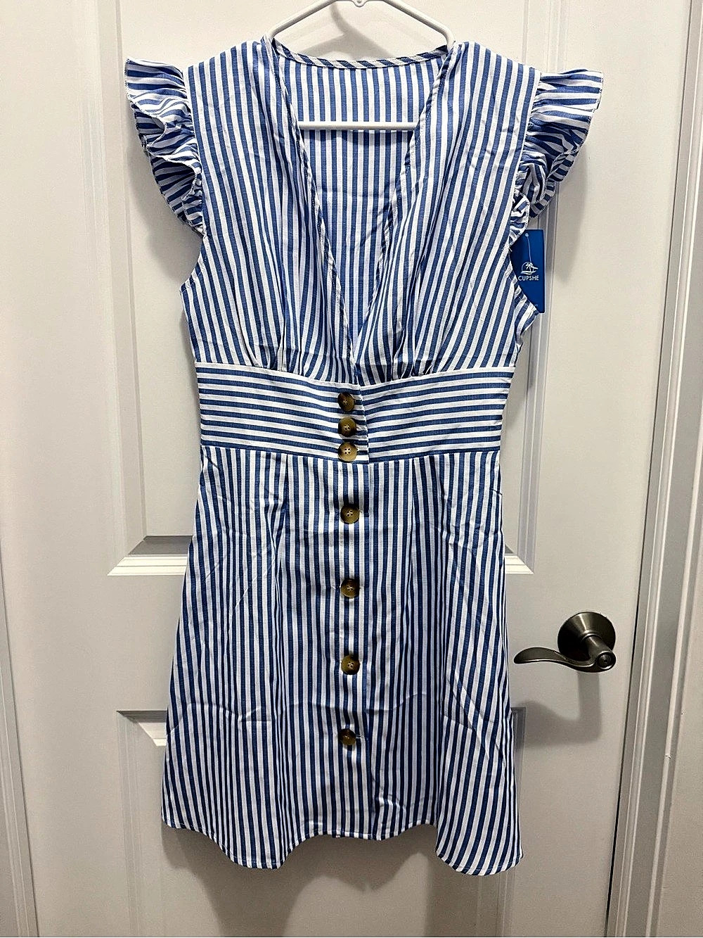 Cupshe Women's Blue White Striped V-Neck Tiered Ruffle Mini Dress Blue & White